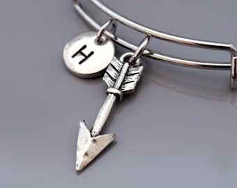 Arrow bangle, Arrow bracelet, archery, Archer, arrowhead, Silver arrow head, Expandable bangle, Personalized bracelet, Initial bracelet