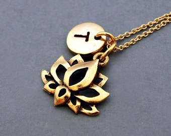 Lotus flower necklace, Lotus charm necklace, Gold lotus charm, Water lilies, Water lily, initial necklace, personalized, monogram