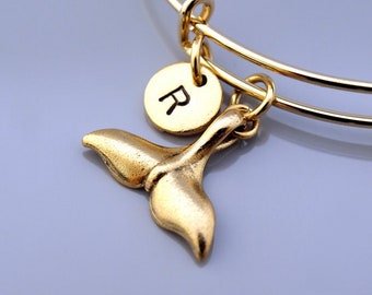 Whale tail Bangle, whaletail bracelet, Gold Whale tail, Gold whale bracelet, Expandable bangle, Charm bangle, Monogram, Initial bracelet