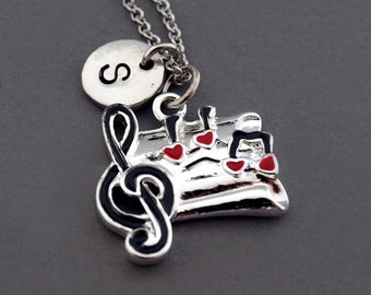Music Note charm Necklace, Music note charm, music staff, initial necklace, initial hand stamped, personalized, antique silver, monogram