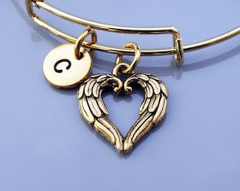 Angel Heart wings bangle, Angel wing bracelet, Guardian angel, Expandable bangle, Personalized bracelet, Charm bangle, Initial bracelet