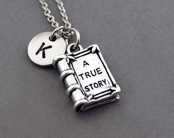 Book necklace, True story book, book charm jewelry, antique silver, initial necklace, initial hand stamped, personalized, monogram