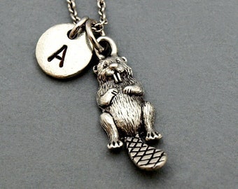 Beaver necklace, beaver charm, initial necklace, initial hand stamped, personalized, antique silver, monogram