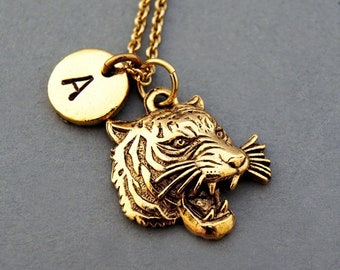 Roaring Tiger head necklace, Tiger charm, Tiger mask, initial necklace, initial hand stamped, personalized, antique gold, monogram