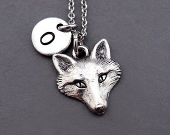 Fox Necklace, Fox head necklace, fox face, Silver fox charm, fox jewelry, initial necklace, personalized, antique silver, monogram