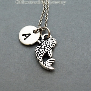 Koi Fish necklace, Koi ponds, nishikigoi, initial necklace, initial hand stamped, personalized, monogram