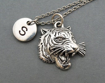 Roaring Tiger head necklace, Tiger charm, Tiger mask, initial necklace, initial hand stamped, personalized, antique silver, monogram