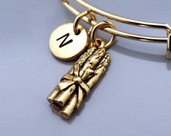 Asparagus charm bangle, Asparagus bracelet, Vegetables, Gold Asparagus charm, Expandable bangle, Charm bangle, Monogram, Initial bracelet