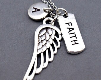 Collar de alas de ángel, collar con dije de fe de alas de ángel, ángel de la guarda, collar con inicial, recuerdo, monumento conmemorativo, personalizado, monograma