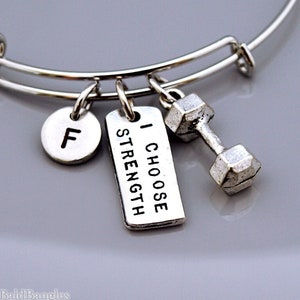 Elijo fuerza, brazalete con mancuernas, pulsera con mancuernas, levantamiento de pesas, ejercicio, fitness, dije con mancuernas, monograma, pulsera con inicial