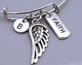 Brazalete de alas de ángel, pulsera de alas de ángel, dije de fe de alas de ángel, ángel de la guarda, brazalete expandible, pulsera personalizada, pulsera con inicial