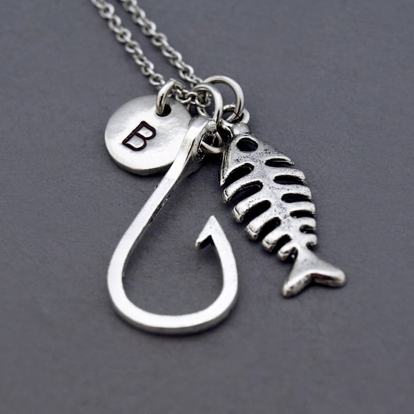 Fish hook necklace, Fish and fish hook, Fish charm, Fish hook charm, Fishhook necklace, Fisherman, Fishbones charm, fish bones, monogram