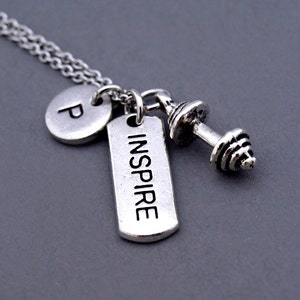 Small Barbell charm necklace, Inspire charm, Inspirational charm, barbell charm jewelry, weightlifting, Exercise, fitness, initial necklace