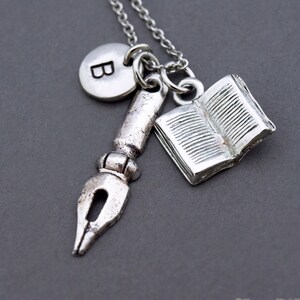 Book necklace, Pen nib necklace, reading book, open book, writer necklace, gift for writer, initial necklace, personalized, monogram