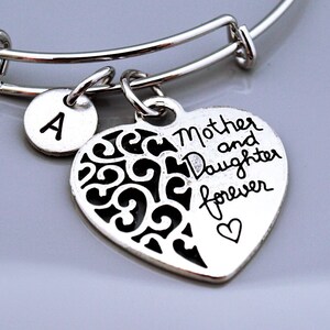 Mother and daughter bracelet, Mother and Daughter forever, filigree heart charm, Mother daughter love, Expandable bangle, Initial bracelet