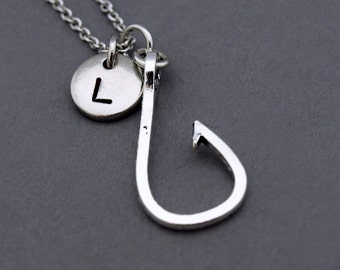 Fish hook necklace, Fishhook necklace, Fisherman, Fish hook charm jewelry, Fishing charm necklace, initial necklace, personalized, monogram