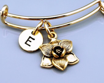 Magnolia flower bracelet, Magnolia flower charm bangle, garden charm, Magnolia flower jewelry, Charm bangle, Monogram, Initial bracelet