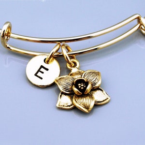 Magnolia flower bracelet, Magnolia flower charm bangle, garden charm, Magnolia flower jewelry, Charm bangle, Monogram, Initial bracelet