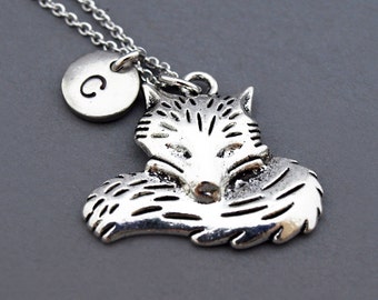Fox charm necklace, Silver fox charm jewelry, Fox head charm, Fox head mask, initial necklace, personalized, monogram