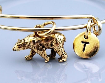 Grizzly Bear charm Bangle, Grizzly Bear charm bracelet, Grizzly bear charm jewelry, Expandable bangle, Charm bangle, Initial bracelet