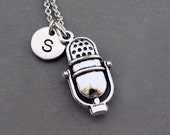 Microphone necklace, Mic necklace, Mike, retro microphone, vintage mic, music, initial necklace, personalized, antique silver, monogram