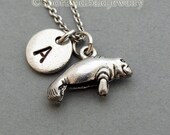 Manatee charm necklace, Manatee necklace, Manatee jewelry, initial necklace, initial hand stamped, personalized, antique silver, monogram