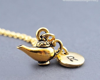 Aladinlampen-Charm-Kette, Gold Wunderlampe, Wunderlampe Charme, antikes Silber, ursprüngliche Hand gestempelt, personalisiert, Monogramm