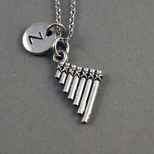 Pan flute Necklace, pan pipes, Pan flute charm, antique silver, initial necklace, initial hand stamped, personalized, monogram