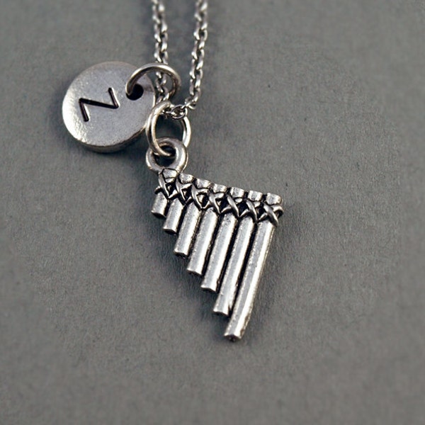 Pan flute Necklace, pan pipes, Pan flute charm, antique silver, initial necklace, initial hand stamped, personalized, monogram