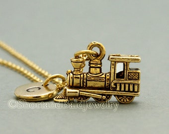 Steam train Necklace, train, steam engine, antique gold, initial necklace, initial hand stamped, personalized, monogram