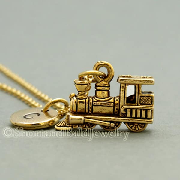 Steam train Necklace, train, steam engine, antique gold, initial necklace, initial hand stamped, personalized, monogram