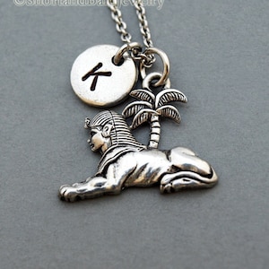 Sphinx necklace, Sphinx charm, Egyptian sphinx jewelry, antique silver, initial necklace, initial hand stamped, personalized, monogram