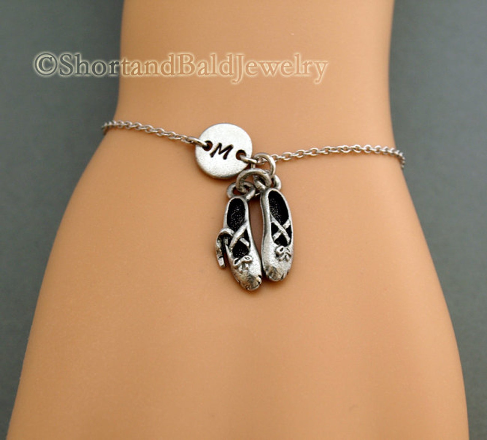 ballet shoes bracelet, ballet slippers, antique silver, initial bracelet, friendship, mothers, adjustable, monogram