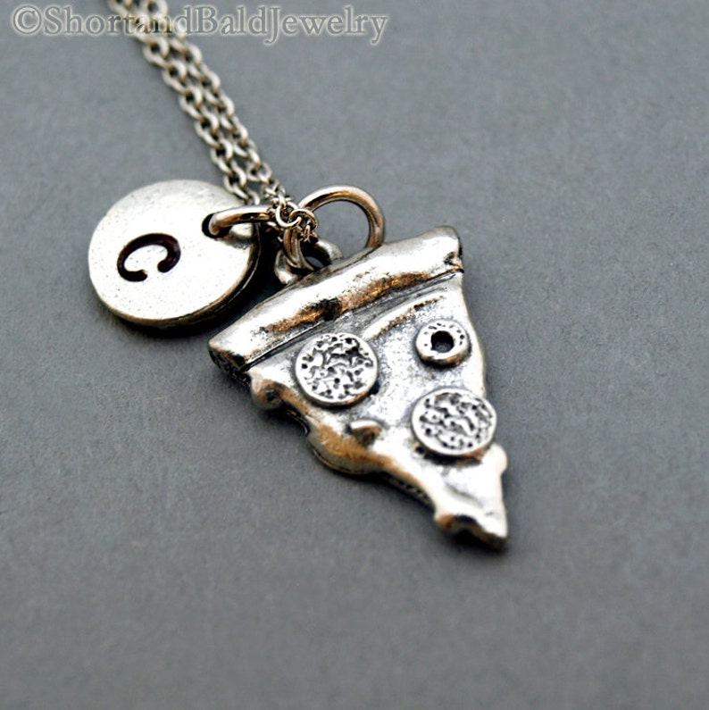 initial hand stamped Pizza necklace Pizza slice antique silver food charm personalized monogram pepperoni pizza initial necklace