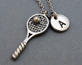 Collar de tenis, collar de raqueta de tenis, raqueta de tenis, joyería de jugador de tenis, dije deportivo, collar con inicial, personalizado, monograma
