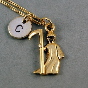 Grim Reaper Necklace, Angel of death necklace, Gold Grim Reaper charm, initial necklace, initial hand stamped, personalized, monogram