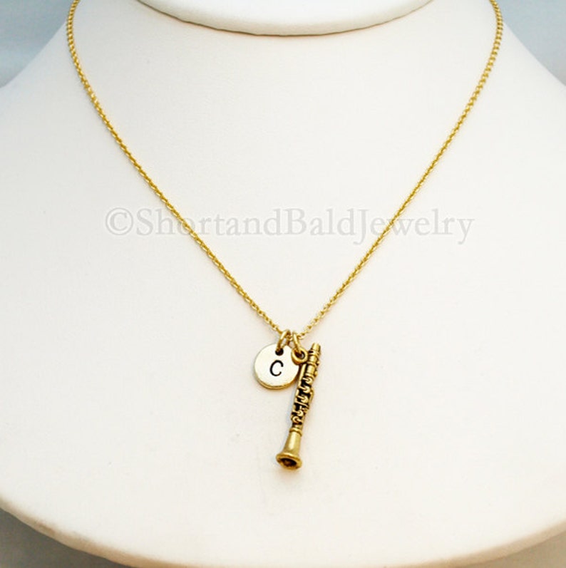 Clarinet necklace, Clarinet charm jewelry, antique gold, initial necklace, initial hand stamped, personalized, monogram image 3