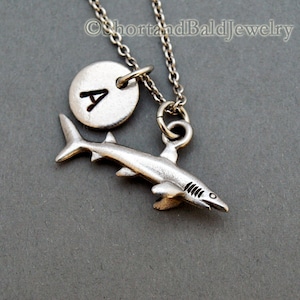 Shark Necklace, Shark jewelry, Shark charm, Silver shark, initial necklace, initial hand stamped, personalized, antique silver, monogram