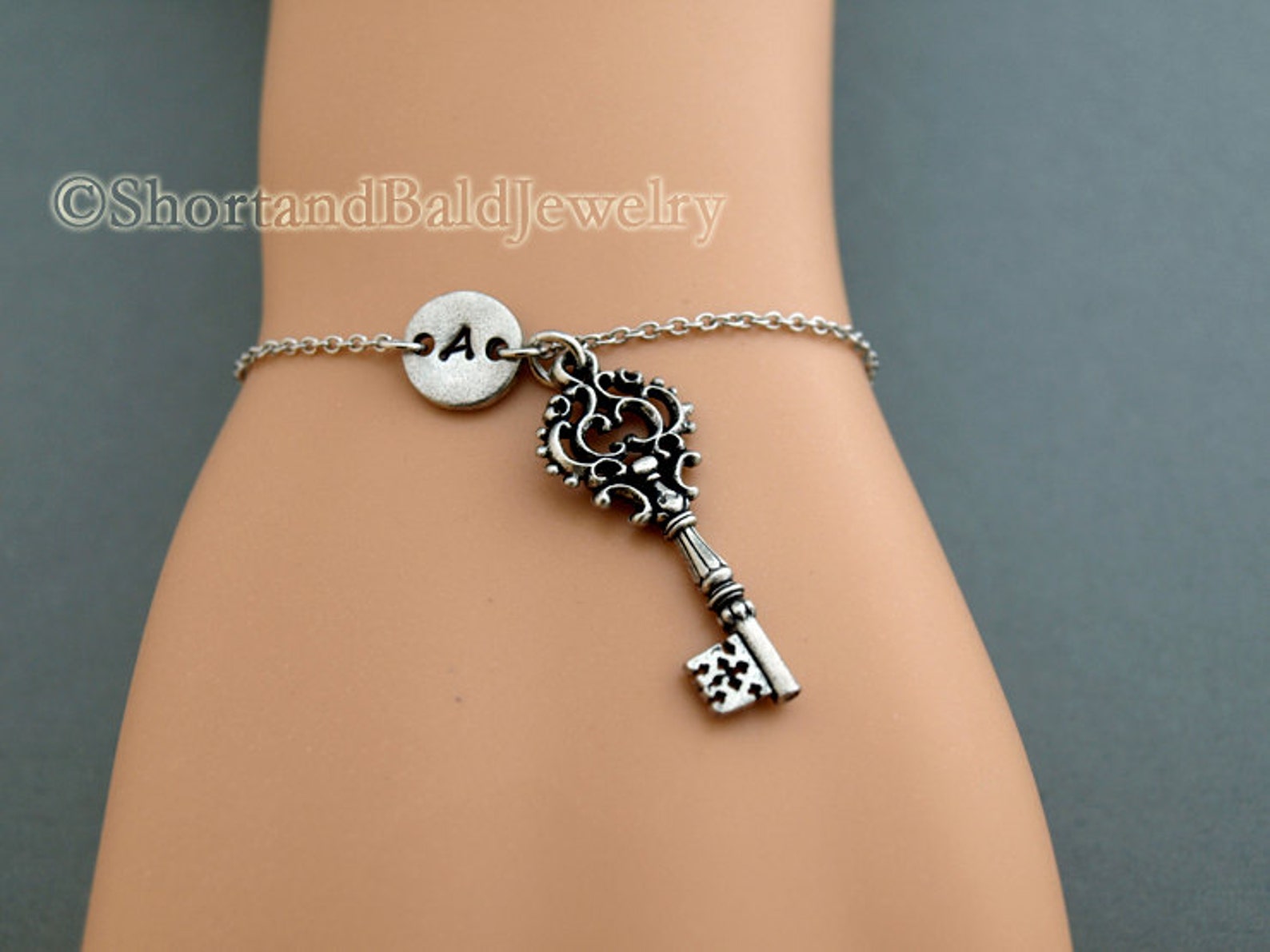Antique Key Charm Bracelet Antique Silver Initial Bracelet Etsy