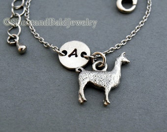 Llama charm bracelet, Lama glama, antique silver, initial bracelet, friendship, mothers, adjustable, monogram