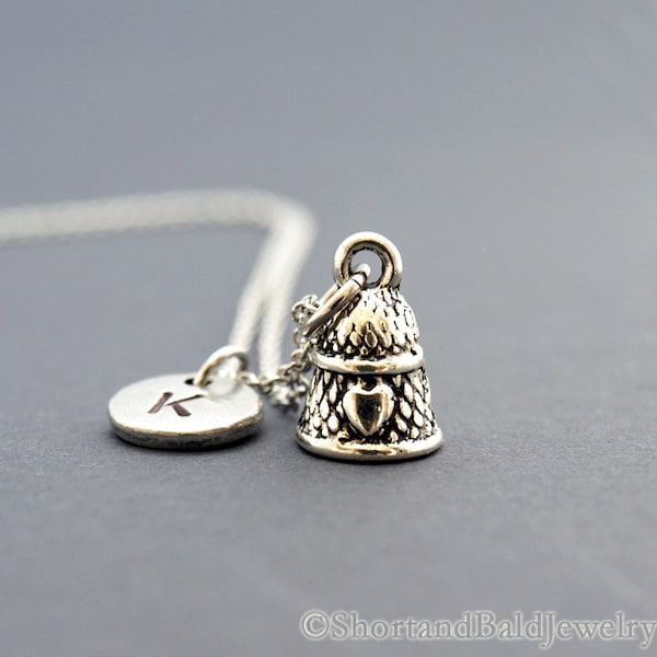 Thimble necklace, Thimble charm, initial necklace, hand stamped, personalized, antique silver, monogram