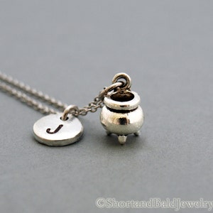 Cauldron necklace, Cauldron charm, Witch cauldron Necklace, antique silver, initial necklace, initial hand stamped, personalized, monogram