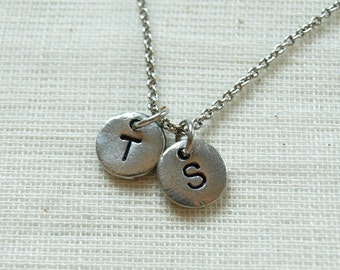 Two initial hand stamped charms, initial necklace, initial hand stamped, personalized, antique silver, monogram