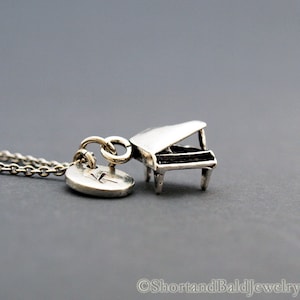 Grand Piano necklace, Grand piano charm, music charm, initial necklace, initial hand stamped, personalized, antique silver, monogram
