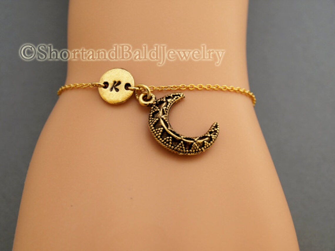 Crescent Moon Charm Bracelet Antique Gold Initial Bracelet Etsy