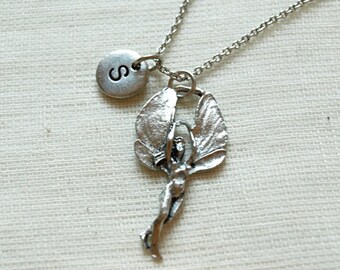 Fairy necklace, Fairy tale, Fairy wings, initial necklace, initial hand stamped, personalized, antique silver, monogram