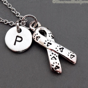 Ribbon with paw necklace, Dog paw, Cat paw, black paw charm, initial necklace, hand stamped, personalized, antique silver, monogram