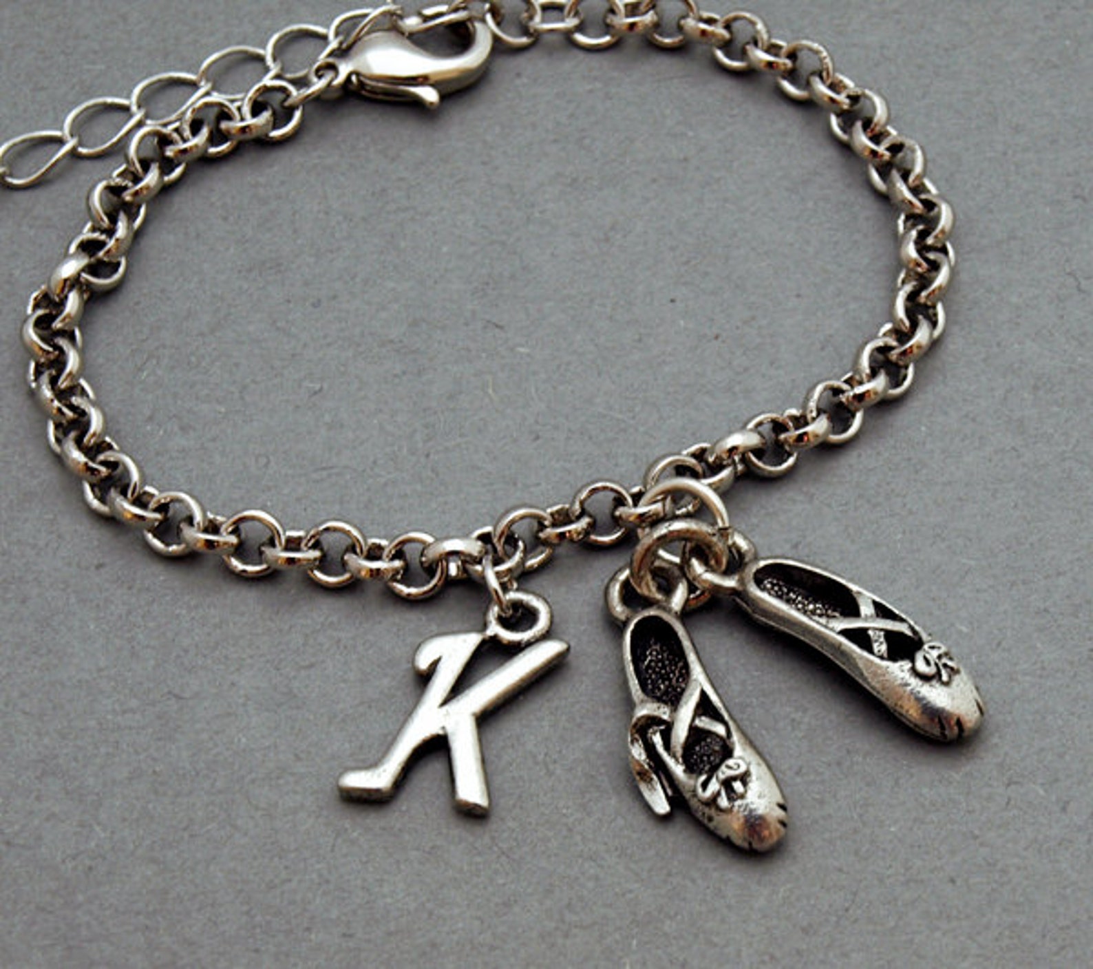 ballet shoes charm bracelet, ballet slippers, antique silver, initial bracelet, friendship, mothers, adjustable, monogram ballet shoes charm bracelet, ballet slippers, antique silver, initial bracelet, friendship, mothers, adjustable, monogram