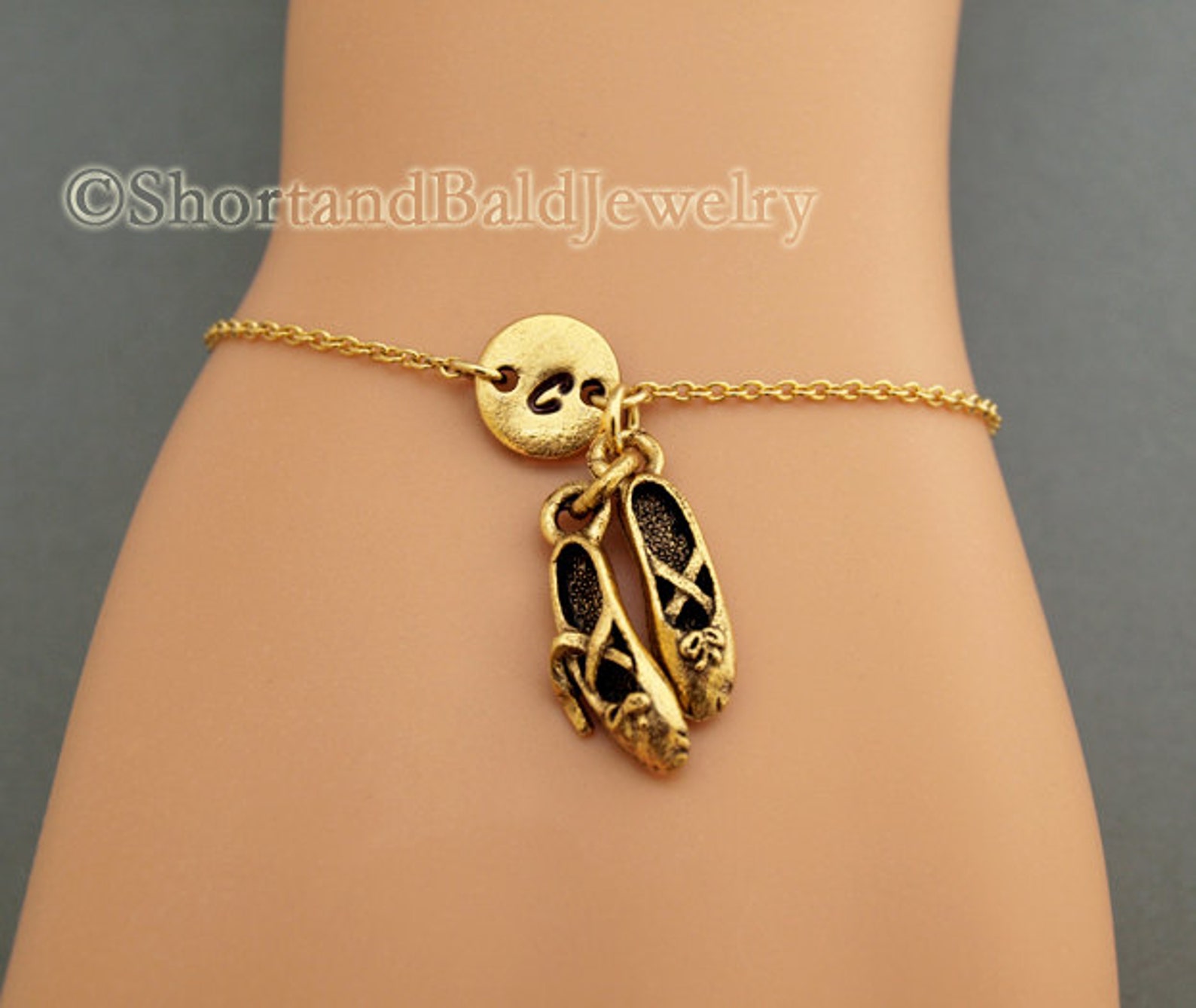 ballet shoes charm bracelet, ballet slippers, antique gold, initial bracelet, friendship, mothers, adjustable, monogram