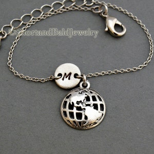 Globe bracelet, World globe, Earth day, antique silver, initial bracelet, friendship, mothers, adjustable, monogram
